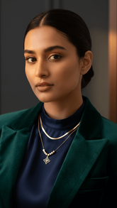 Woman wearing a green blazer and dark top with jewelry, against a dark background.