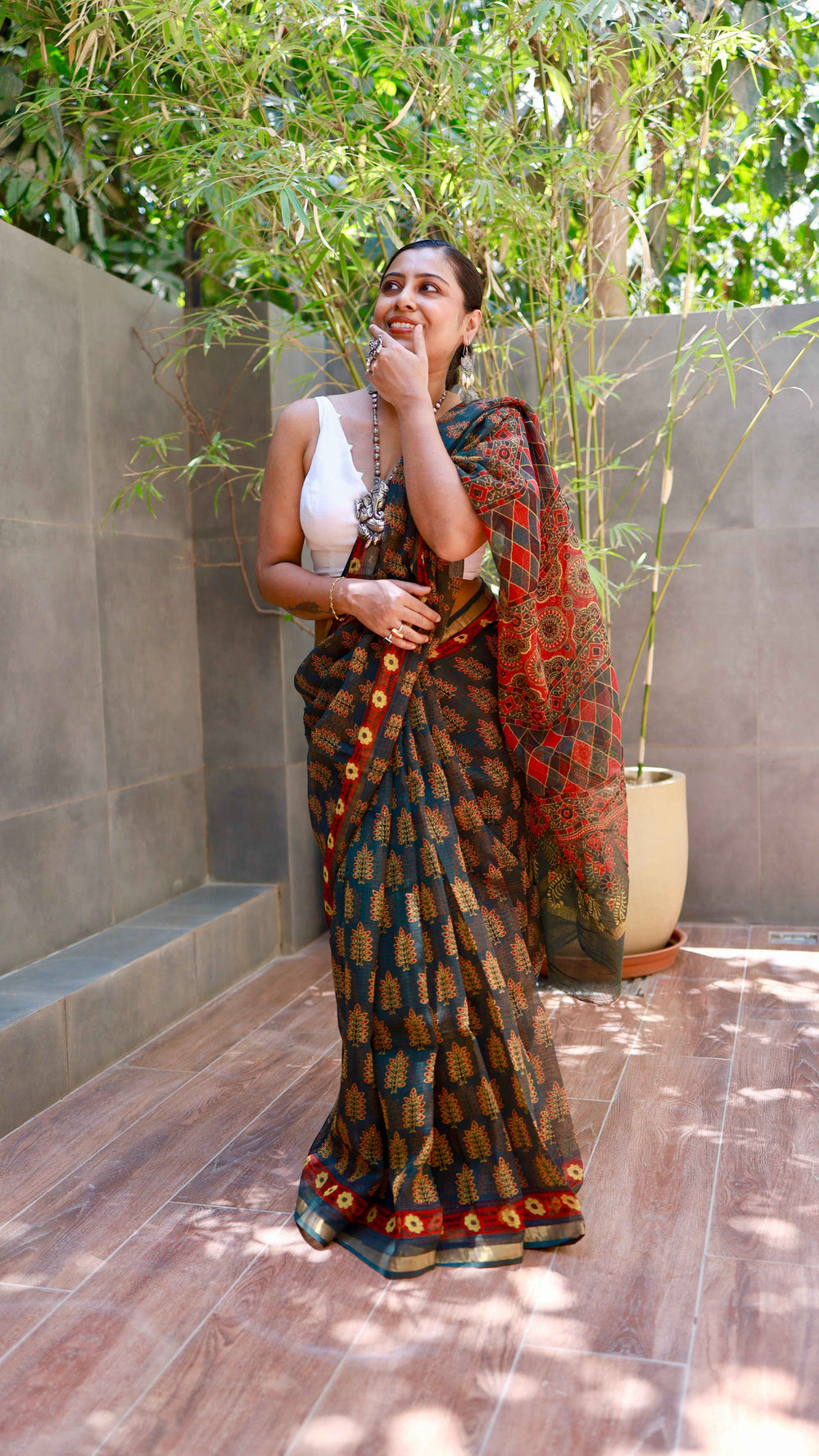 Teal Blue Handblock Bagru Printed Kota Doria Saree with Sleek Zari Border