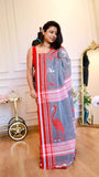 Crimson Heron: Hand-Woven Charcoal Grey Bengal Khadi Jamdani