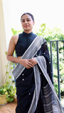Black Handloom Cotton Saree with Intricate White Thread Work | TITAFU