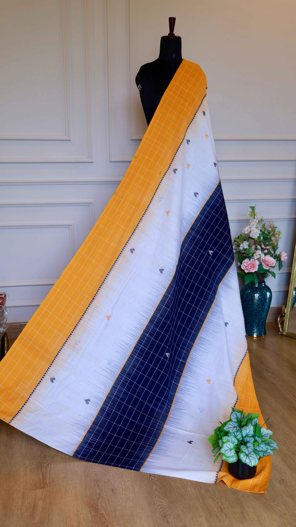 White and Navy Dhonekhali Handloom Cotton Saree with Mustard Accents