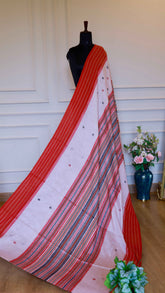 Elegant Pinkish White and Red Handloom Cotton Saree with Intricate Thread Work