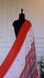 Elegant Pinkish White and Red Handloom Cotton Saree with Intricate Thread Work