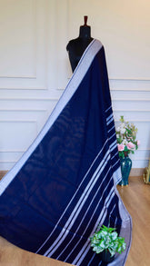 Deep Navy Handloom Cotton Saree with Intricate Silver Thread Work
