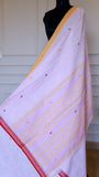 Full view of the Dhonekhali saree drape showing red and mustard horizontal stripes and thread work.