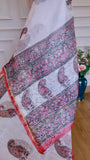 Handblock Bagru Printed Kota Doria Pure Cotton Saree with Zari Border – White & Pink Paisley Edition