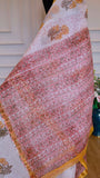 Ivory White and Blush Pink Bagru Printed Kota Doria Pure Cotton Saree with Mustard Floral Bootis & Sleek Zari Border