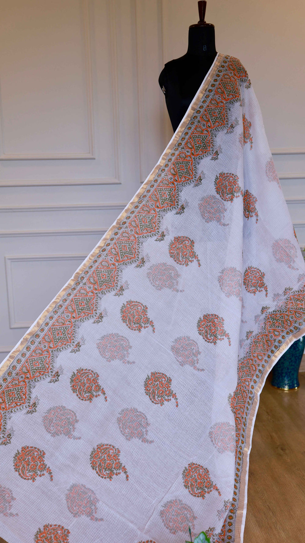 White Handblock Bagru Printed Kota Doria Saree with Peach and Olive-Green Traditional Motifs