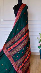 Deep Bottle Green Baluchari Cotton Saree with Traditional Temple Motif Pallu