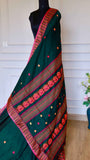 Deep Bottle Green Baluchari Cotton Saree with Traditional Temple Motif Pallu