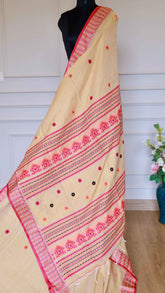 Beige Baluchari Cotton Saree with Pink and Orange Thread Weaving