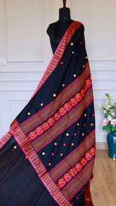 Midnight Black Baluchari Cotton Saree with Magenta & Orange Handwoven Bootis