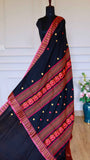Midnight Black Baluchari Cotton Saree with Magenta & Orange Handwoven Bootis