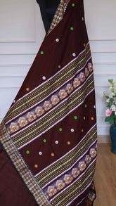 Coffee Brown Baluchari Cotton Saree with Multicolored Geometric Temple Motifs