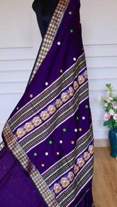 Deep Purple Baluchari Cotton Saree with Traditional Hut Motif Border