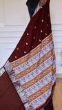 Coffee Maroon Baluchari Cotton Saree with Traditional Mythological Pallu Motifs