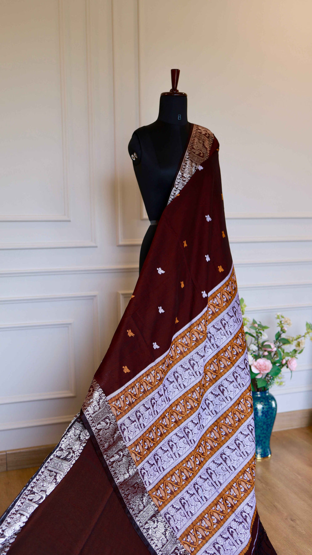 Coffee Maroon Baluchari Cotton Saree with Traditional Mythological Pallu Motifs