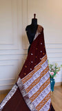 Coffee Maroon Baluchari Cotton Saree with Traditional Mythological Pallu Motifs