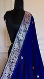 Royal Blue Baluchari Cotton Saree with Silver and Mustard Zari Weave