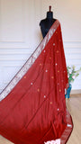 Crimson Red Baluchari Cotton Saree with Silver and Mustard Mythological Motifs