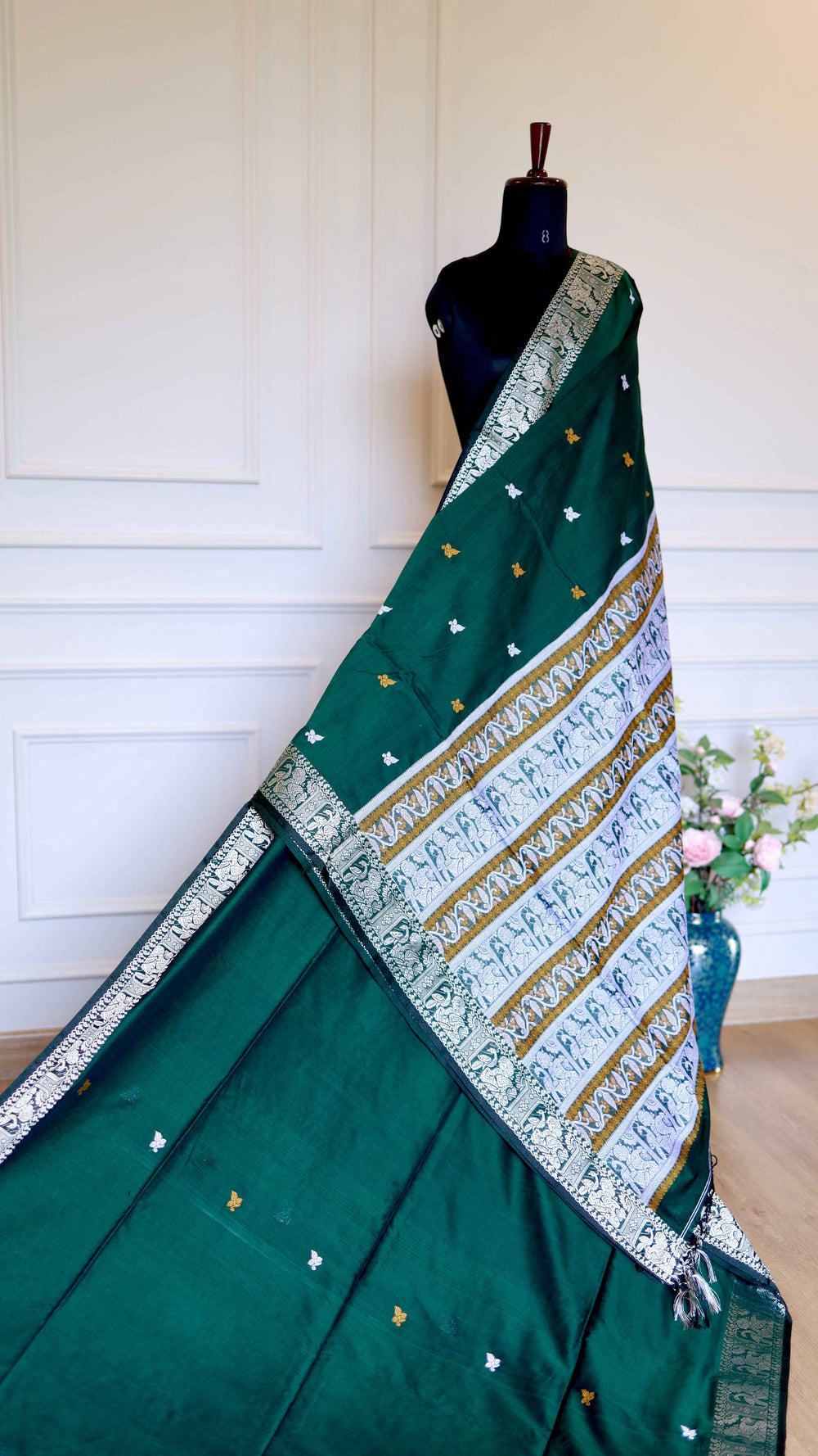 Deep Emerald Green Baluchari Cotton Saree with Traditional Silver and Gold Meenakari Motifs