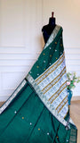 Deep Emerald Green Baluchari Cotton Saree with Traditional Silver and Gold Meenakari Motifs