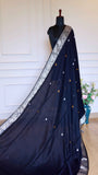 Midnight Black Baluchari Cotton Saree with Silver Mythological Motifs & Blouse Piece