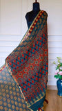 Teal Blue Handblock Bagru Printed Kota Doria Saree with Sleek Zari Border
