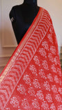 Red Handblock Bagru Printed Kota Doria Cotton Saree with Leheriya Pallu