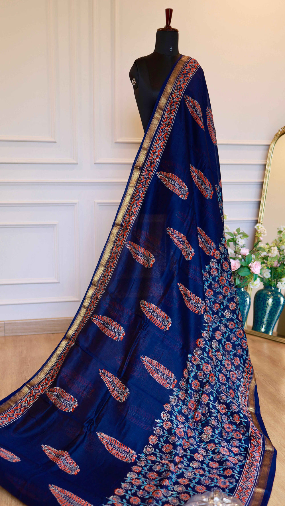 Indigo Blue Maheshwari Handblock Printed Silk Saree with Zari Border