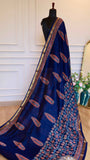 Indigo Blue Maheshwari Handblock Printed Silk Saree with Zari Border