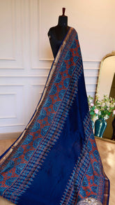 Indigo Maheshwari Handblock Printed Silk Saree with Zari Border