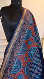 Indigo Maheshwari Handblock Printed Silk Saree with Zari Border