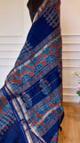 Indigo Maheshwari Handblock Printed Silk Saree with Zari Border