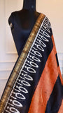 Handblock Printed Maheshwari Silk Saree – Rust & Black