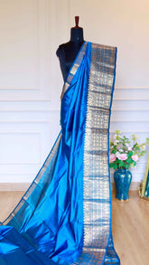 Royal Peacock Blue Mangalagiri Semi-Silk Saree with Golden Zari Weave Border