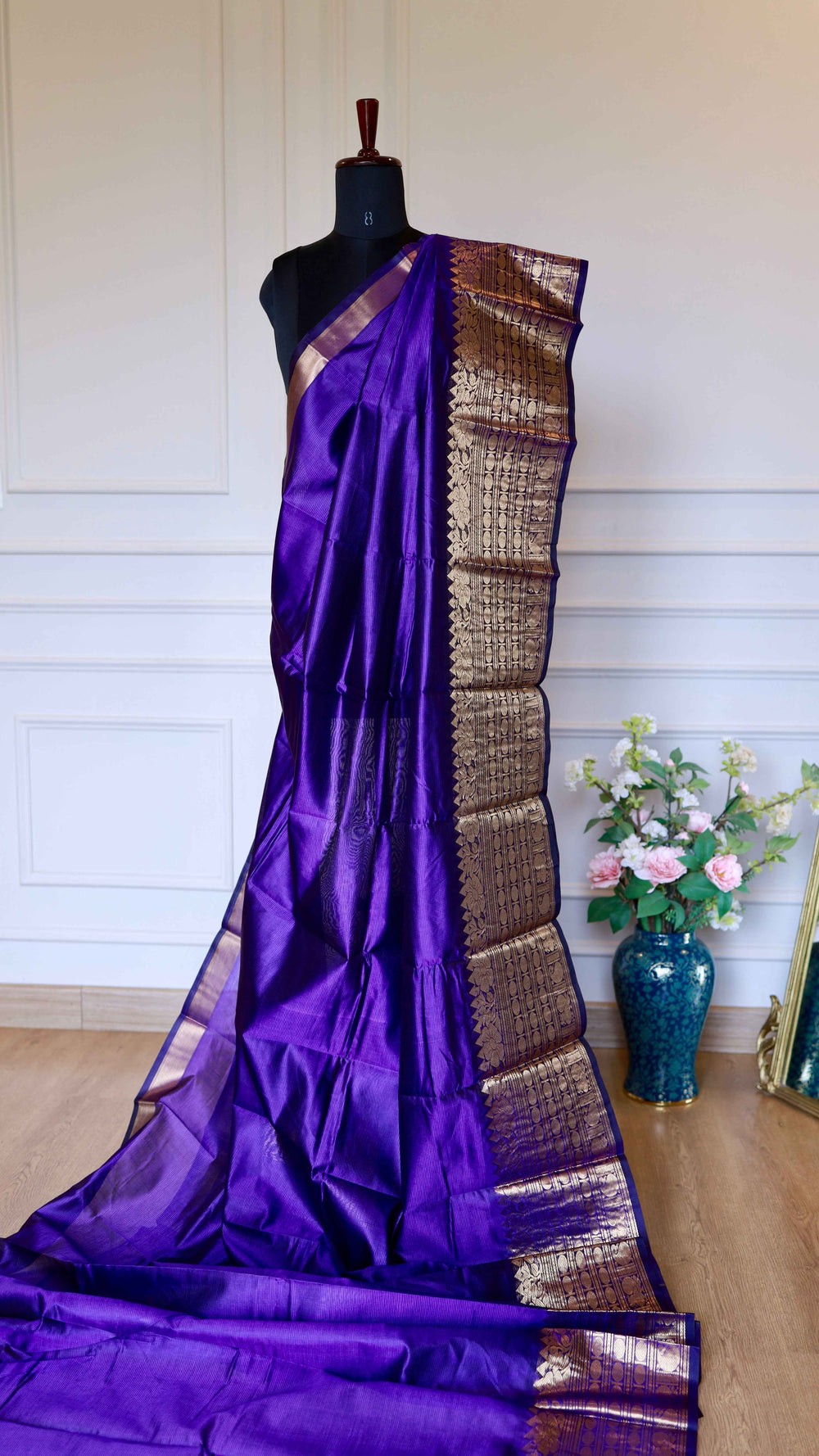 Royal Purple Mangalagiri Semi Silk Saree with Antique Gold Zari Border