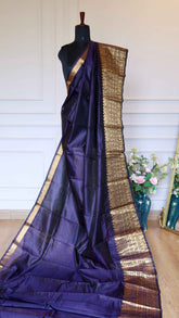 Navy Blue Mangalagiri Semi Silk Saree with Rich Gold Zari Nizam Border