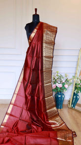 Deep Crimson Red Mangalagiri Semi-Silk Saree with Intricate Zari Nizam Border