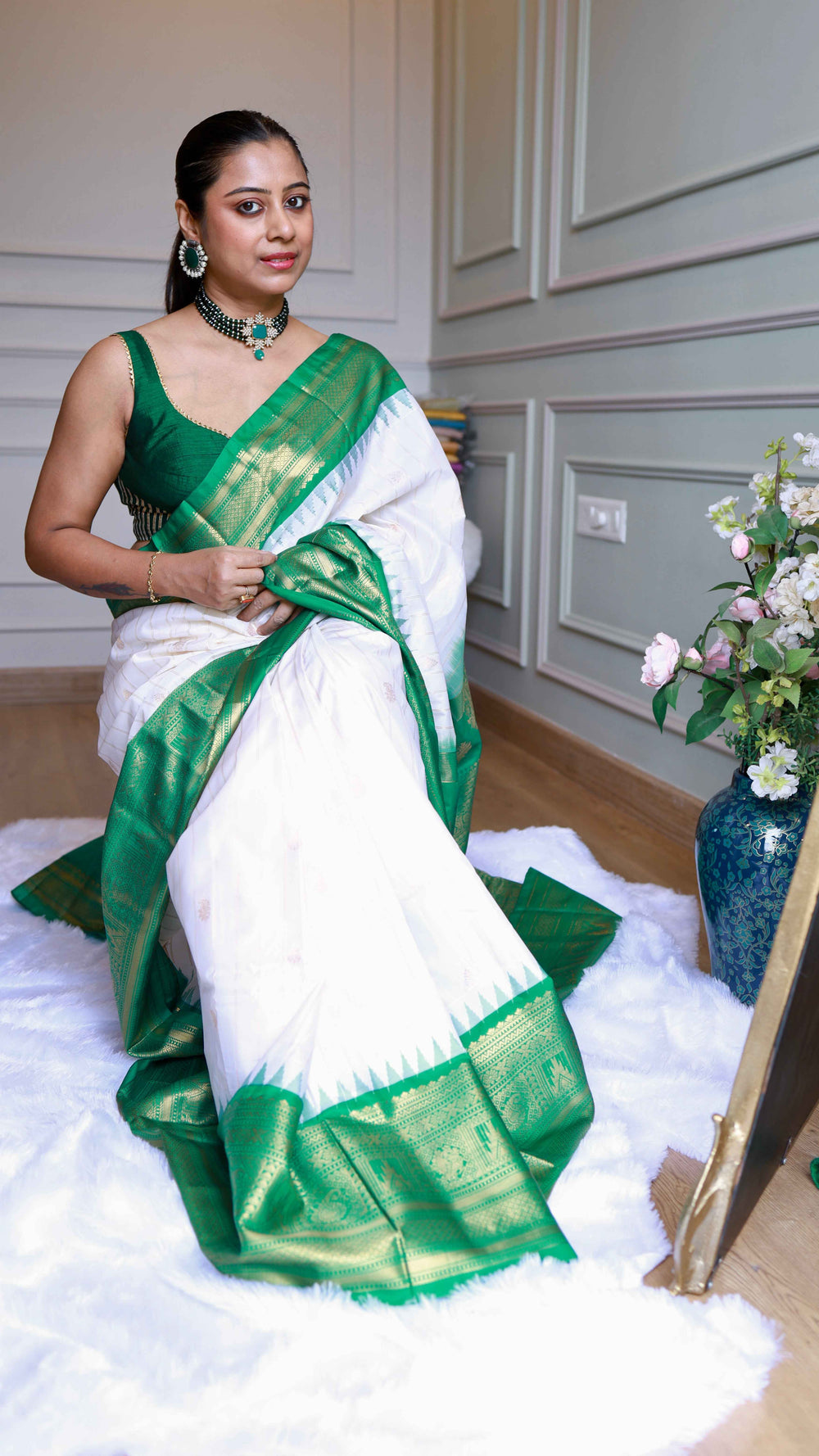 Off-White and Emerald Green Semi Gadwal Silk Saree with Zari Temple Border