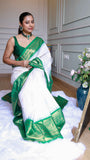 Off-White and Emerald Green Semi Gadwal Silk Saree with Zari Temple Border