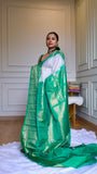 Off-White and Emerald Green Semi Gadwal Silk Saree with Zari Temple Border