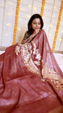 Rosewood Mauve Pure Chiffon Tissue Silk Banarasi Saree with Silver Zari Weave