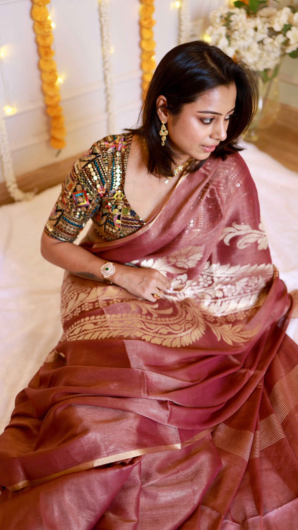 Rosewood Mauve Pure Chiffon Tissue Silk Banarasi Saree with Silver Zari Weave