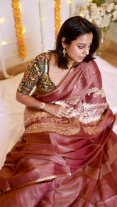 Front view of woman wearing Rosewood Mauve Pure Chiffon Tissue Silk Banarasi Saree paired with a black embroidered blouse.