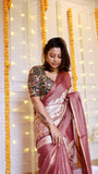 Rosewood Mauve Pure Chiffon Tissue Silk Banarasi Saree with Silver Zari Weave