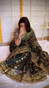 Midnight Black Kardana Jamdani Saree with Olive Gold Geometric Weaving & Blouse Piece