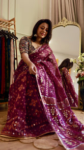 Magenta Kardana Jamdani Saree with Hand-Embellished Mirror Work & Blouse Piece