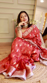 Crimson Red Georgette Banarasi Saree with Silver Zari Floral Jaal & Pallu