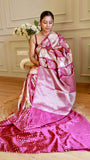 Magenta Contrast Munga Banarasi Saree with Floral Jaal and Kalash Motifs